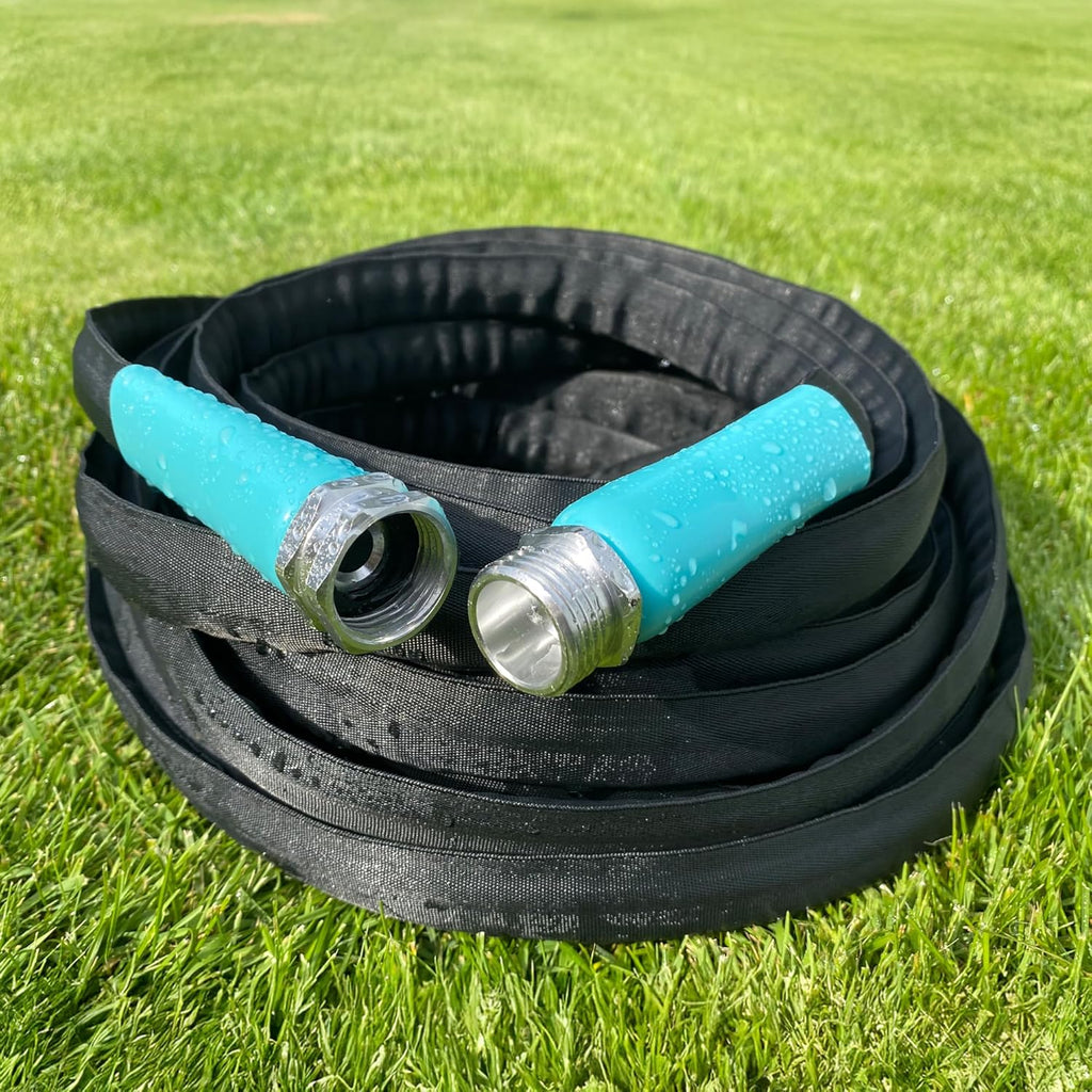 Flat Garden Hose (100 foot x 5/8 inch) Lightweight, Durable Fiber Jacket, Flexible & Kink Free, Non-Expandable Water Hose, Easy Handling in All-Weather Conditions, 700010 by New England Garden Tools