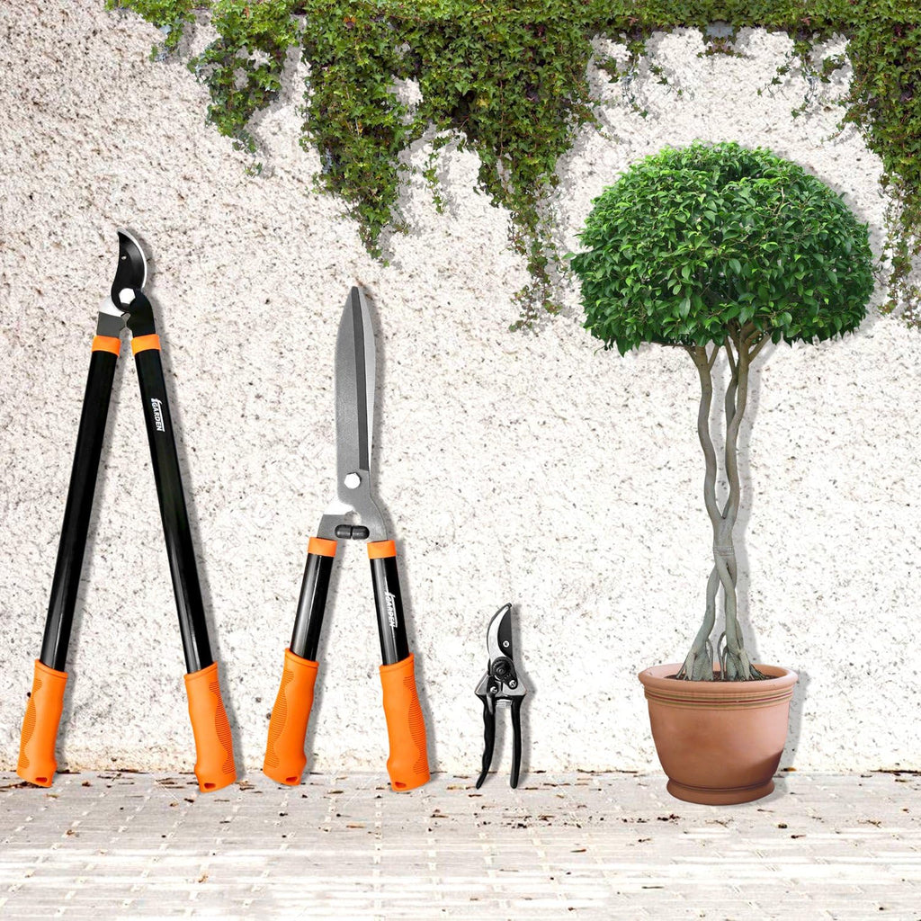 E&K Sunrise Set of 3 Pieces Garden Tree Tools for Lawn & Garden Care Garden Kit with Lopper, Hedge Shears and Pruner Shears, Tree & Shrub Care Kit