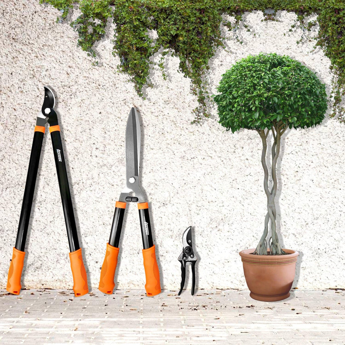 E&K Sunrise Set of 3 Pieces Garden Tree Tools for Lawn & Garden Care Garden Kit with Lopper, Hedge Shears and Pruner Shears, Tree & Shrub Care Kit