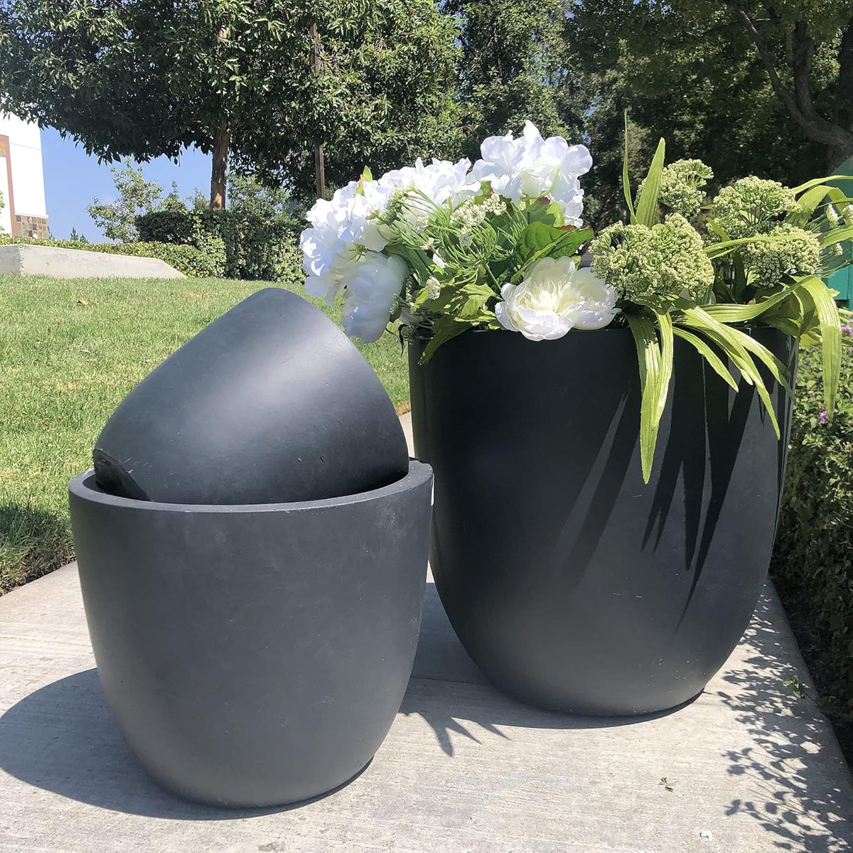 Kante 18",14",10" Dia Concrete Round Planters (Set of 3), Outdoor Indoor Large Planter Pots with Drainage Hole and Rubber Plug for Home Patio Garden, Dark Gray