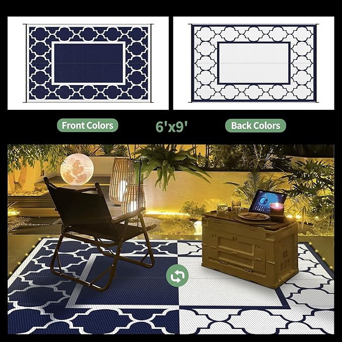GENIMO 6' x 9' Outdoor Rug Waterproof for Patio Decor, Foldable Reversible Plastic Straw Area Rugs Mat with String Light, Led Carpet for Camper, Rv, Deck, Porch, Picnic, Beach, Balcony, Blue & White