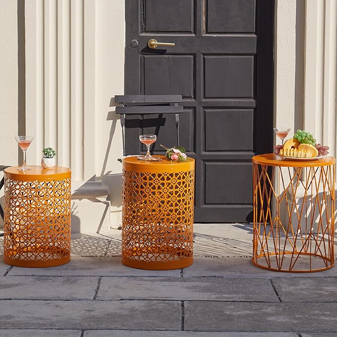 Y&M Set of 3 Stacking Coffee Table for Living Room, Patio Side Table, Indoor End Tables for Bedroom, Outdoor Decorative Garden Stool with Heavy Duty Metal Frame Modern Industrial Decor - Orange