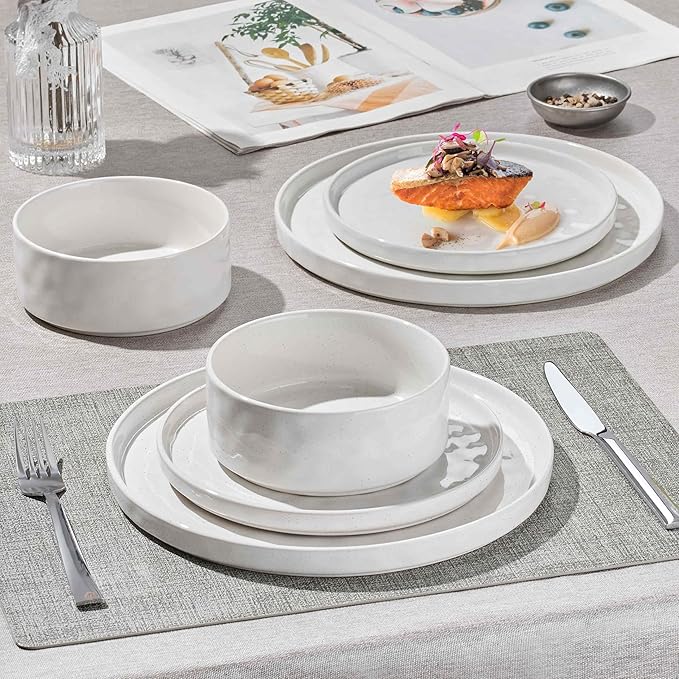 Herogo 12 Pieces Stoneware Dinnerware Sets for 4, Ceramic Plates and Bowls Sets, Dinner Dishware for Home Kitchen, Dishwasher & Microwave Safe, Speckled White