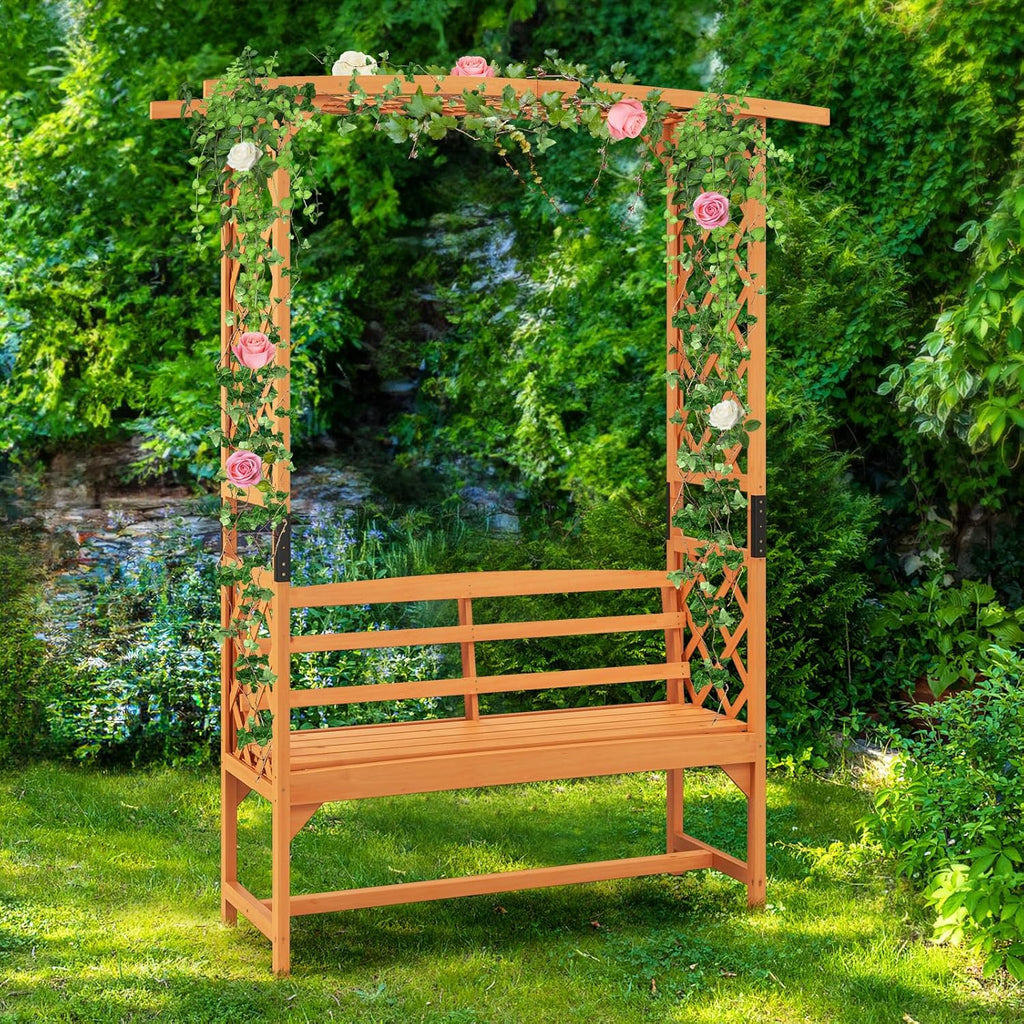 Giantex Garden Arch Trellis with Bench - 63''W x 79''H Wooden Arbor with 2-Person Outdoor Bench, Garden Arbors Archway Pergola for Climbing Plants Rose Wedding Backyard Party Lawn Decor