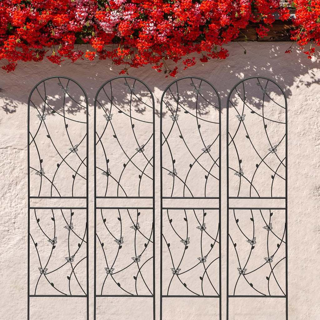 2 Pack Metal Garden Trellis 86.7" Tall Outdoor Climbing Plant Support for Roses, Flowers, Rustproof Durable Black Galvanized Tube, Lawn Garden Fence Decor Screen (2, Black flutter-86.7" H)