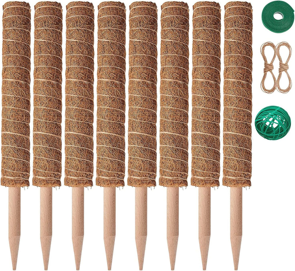 8 Pcs Moss Pole for Plants Monstera, Plant Support Stakes for Indoor Climbing Plants Grow Upwards, with 65ft Twist Ties, 13ft Jute Rope, 6.5ft Hook-and-Loop Strip