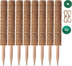 8 Pcs Moss Pole for Plants Monstera, Plant Support Stakes for Indoor Climbing Plants Grow Upwards, with 65ft Twist Ties, 13ft Jute Rope, 6.5ft Hook-and-Loop Strip