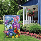 Louise Maelys Welcome Spring Summer Garden Flag 12x18 Double Sided Vertical, Burlap Small Cardinal Birds Irises Floral Yard House Outside Outdoor Seasonal Holiday Decoration
