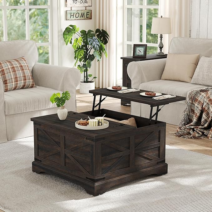 Furnideco Square Coffee Table with Storage Farmhouse Coffee Table with Lifting Top Modern Wood Center Table for Living Room Home Office, Dark Brown