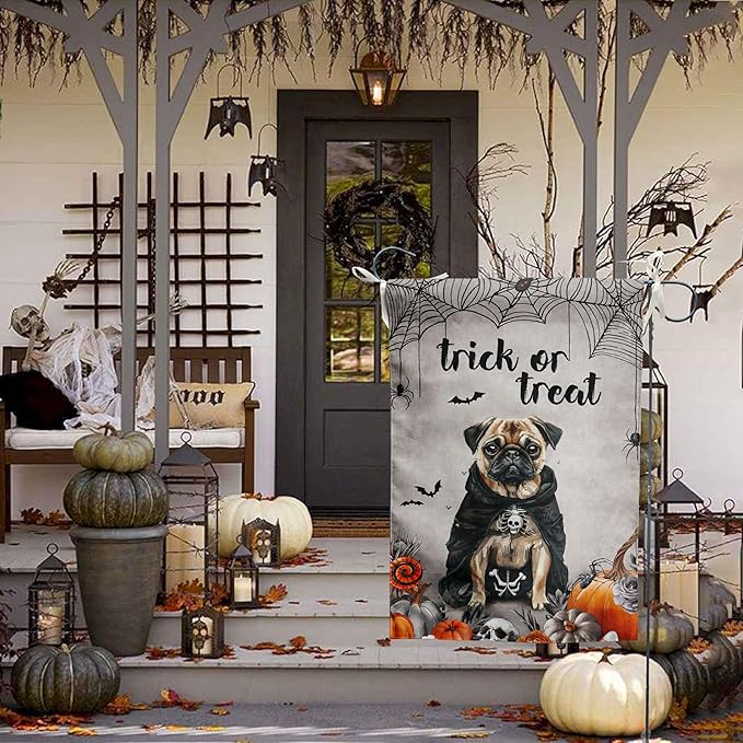 Halloween Pug Garden Flag Trick or Treat Yard Flag Ghost Dog Garden Flags for Outside 12x18 Double Sided Small Dachshund Skeleton Halloween Decor Outdoor Lawn Welcome Flag