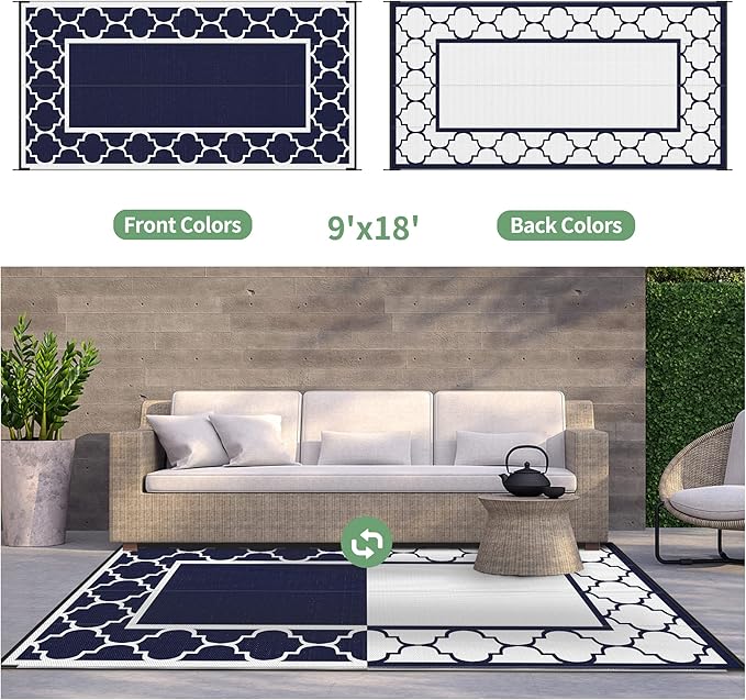 GENIMO 9' x 18' Outdoor Rug Waterproof for Patio, Foldable Reversible Plastic Straw Area Rugs Mat for Rv Decor, Outside Carpet for Camper, Deck, Picnic, Beach, Balcony, Porch, Blue & White