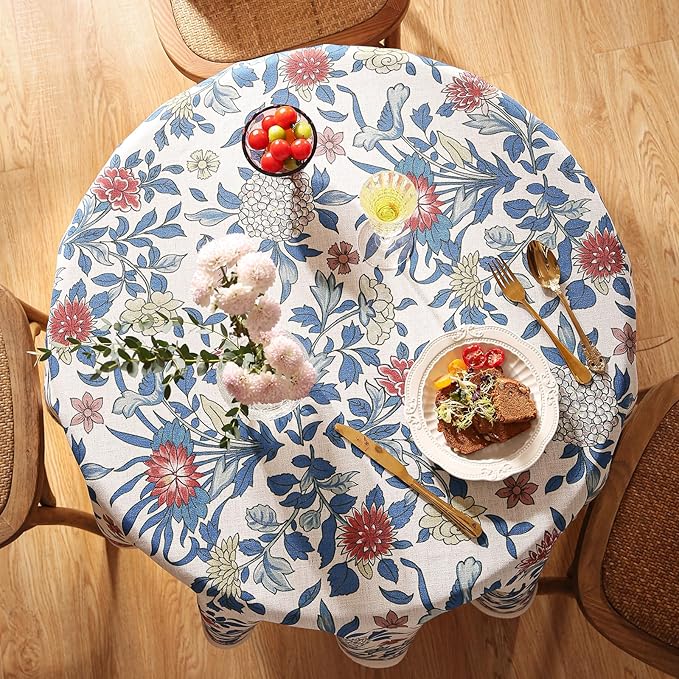 patdrea Designer Small Blue Tablecloth for Round Table,Vintage Linen Leaves and Floral Pattern Tablecloths,Farmhouse Decor Cover for Kitchen Dining Christmas,Thanksgiving,Diameter 55"-Ivar a