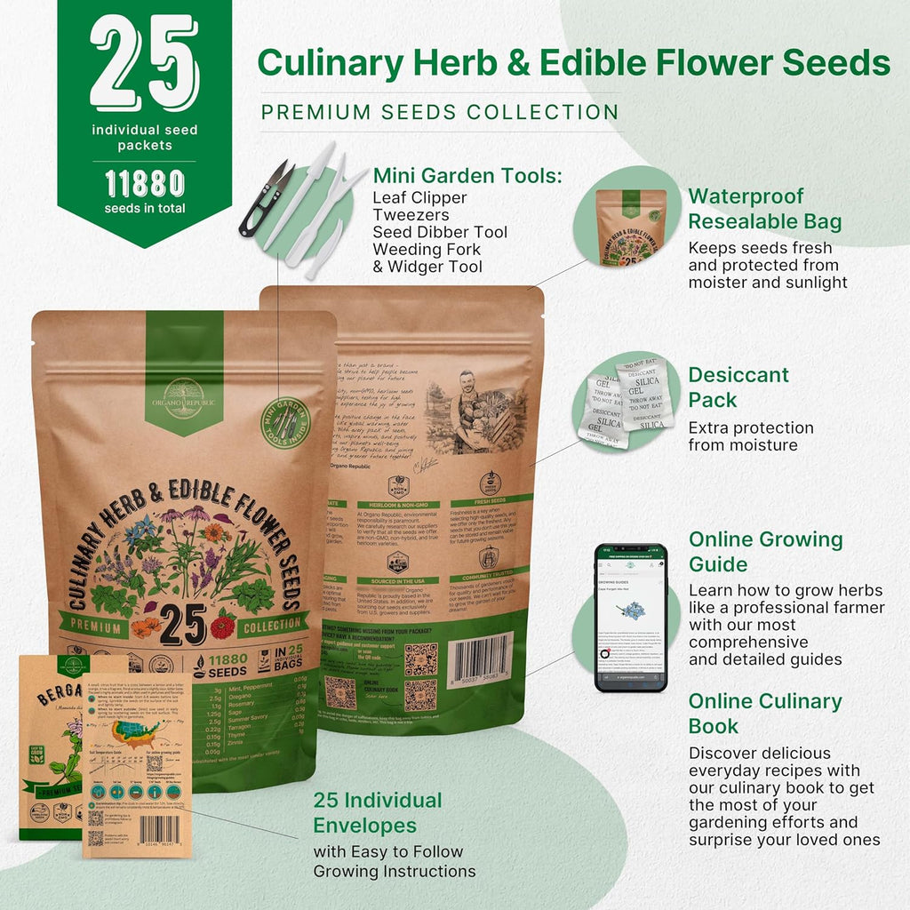 25 Culinary Herbs & Edible Flower Seed Variety Pack for Planting Indoor & Outdoors. 11900+ Non-GMO Heirloom Flower Seeds: Basil, Borage, Echinacea, Lavender, Oregano, Rosemary Seeds & More