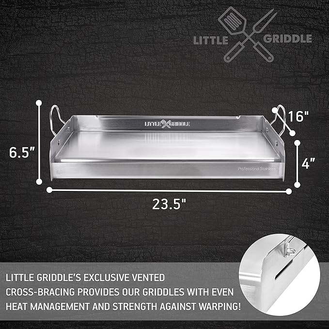 LITTLE GRIDDLE 100% Stainless Steel Griddle with Even Heat Cross Bracing and Removable Handles - For Grills, Camping, Tailgating, Silver, 25" x 16" x 6.5"