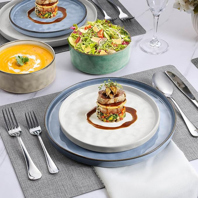 LIANYU 12 Piece Dinnerware Sets, Stoneware Tableware Dish Set for 4, Plates and Bowls Dishware for Dinner Dessert Pasta, Chip & Scratch Resistant, Multi-color