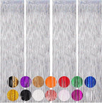 4 Pack Laser Silver Foil Fringe Backdrop Curtains, Tinsel Streamers Birthday Party Decorations, Fringe Backdrop for Graduation, Baby Shower, Gender Reveal, Disco Party