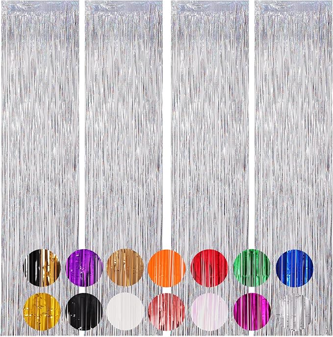4 Pack Laser Silver Foil Fringe Backdrop Curtains, Tinsel Streamers Birthday Party Decorations, Fringe Backdrop for Graduation, Baby Shower, Gender Reveal, Disco Party