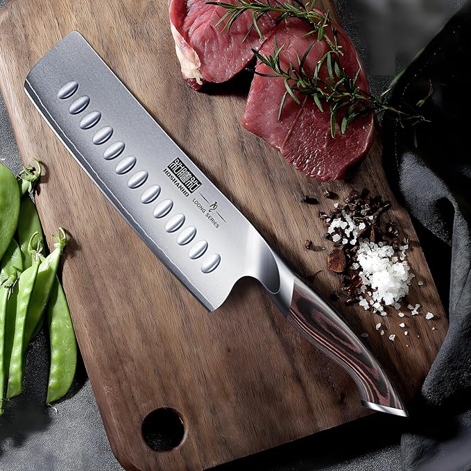 7 Inch Nakiri Knife, Japanese High Carbon Stainless Steel Chef Knife, Multipurpose Meat Vegetable Sharp Kitchen Knife with Ergonomic Pakkawood Handle