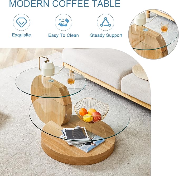 Coffee Tables for Living Room - Round Glass Coffee Table with Wooden Base Mid-Century Modern End Table 3-Tier Round Coffee Table for Living Room, Office, Balcony (42″ Oak)