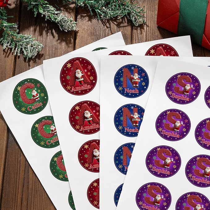 Personalized Christmas Stickers - Custom Name Waterproof Christmas Gift Tags for Gift Box Xmas Holiday Decorations Party Favors - 30 Stickers (Santa Claus Initial)