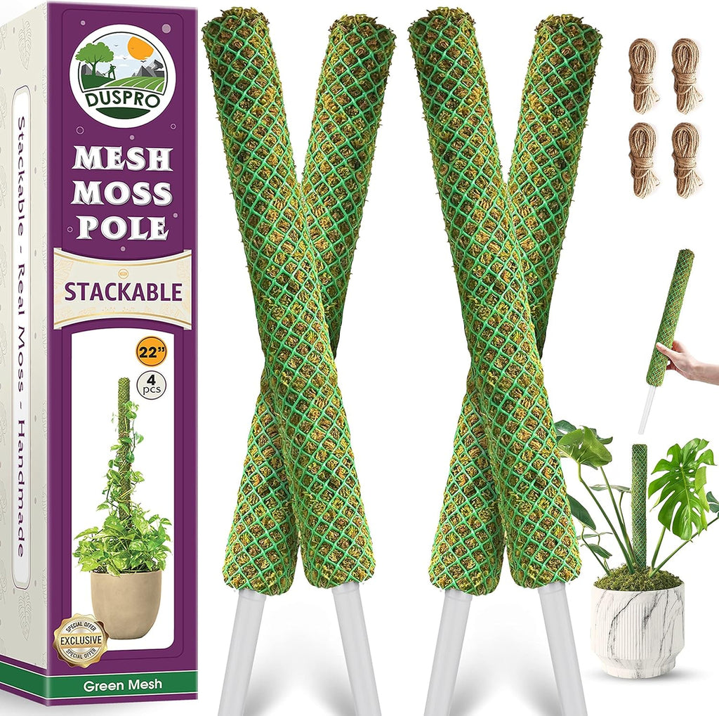 Duspro Green Stackable Mesh Moss Pole for Climbing Vines, Supporting Monstera Trellis, Extendable Plant Pole Moss Sticks, Potted Plant Stakes (4 Pack, 71'')