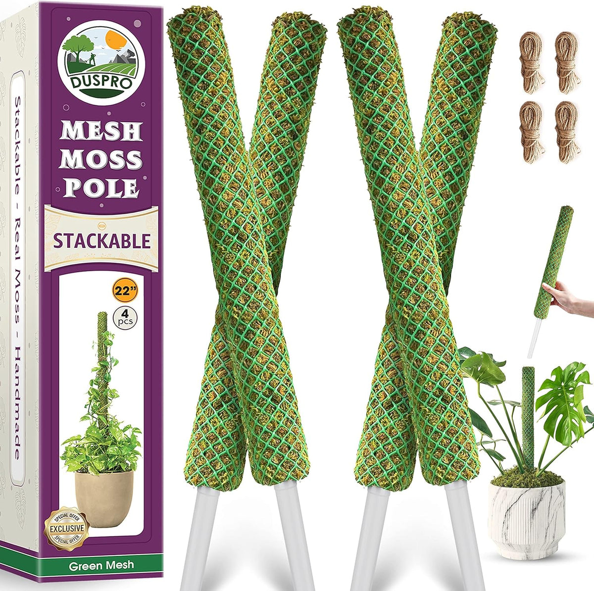 Duspro Green Stackable Mesh Moss Pole for Climbing Vines, Supporting Monstera Trellis, Extendable Plant Pole Moss Sticks, Potted Plant Stakes (4 Pack, 71'')