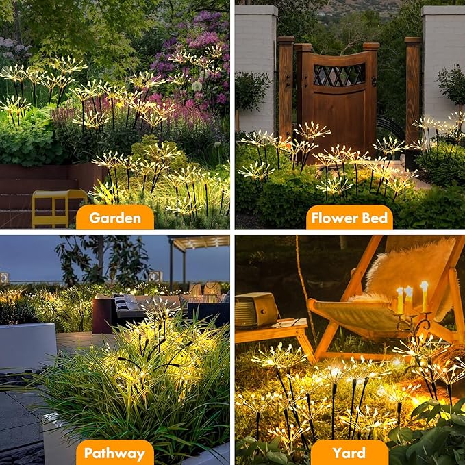 Solar Garden Lights 2 Pack Twinkling Solar Firework Lights with 2 Modes 120LED, Solar-Powered Light for Outside Yard Pathway Garden Decor Outdoor Waterproof, Gardening Gifts for Women Mothers Day,Warm