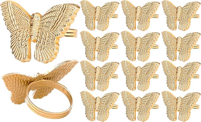 12 Pcs Gold Napkin Rings Set - Lightweight Metal Butterfly Bling Napkin Rings Guest Napkin Buckle for Wedding, Party, Gathering, Dinner, Table, Banquet, Decoration, Gifting - CLEENTABLE
