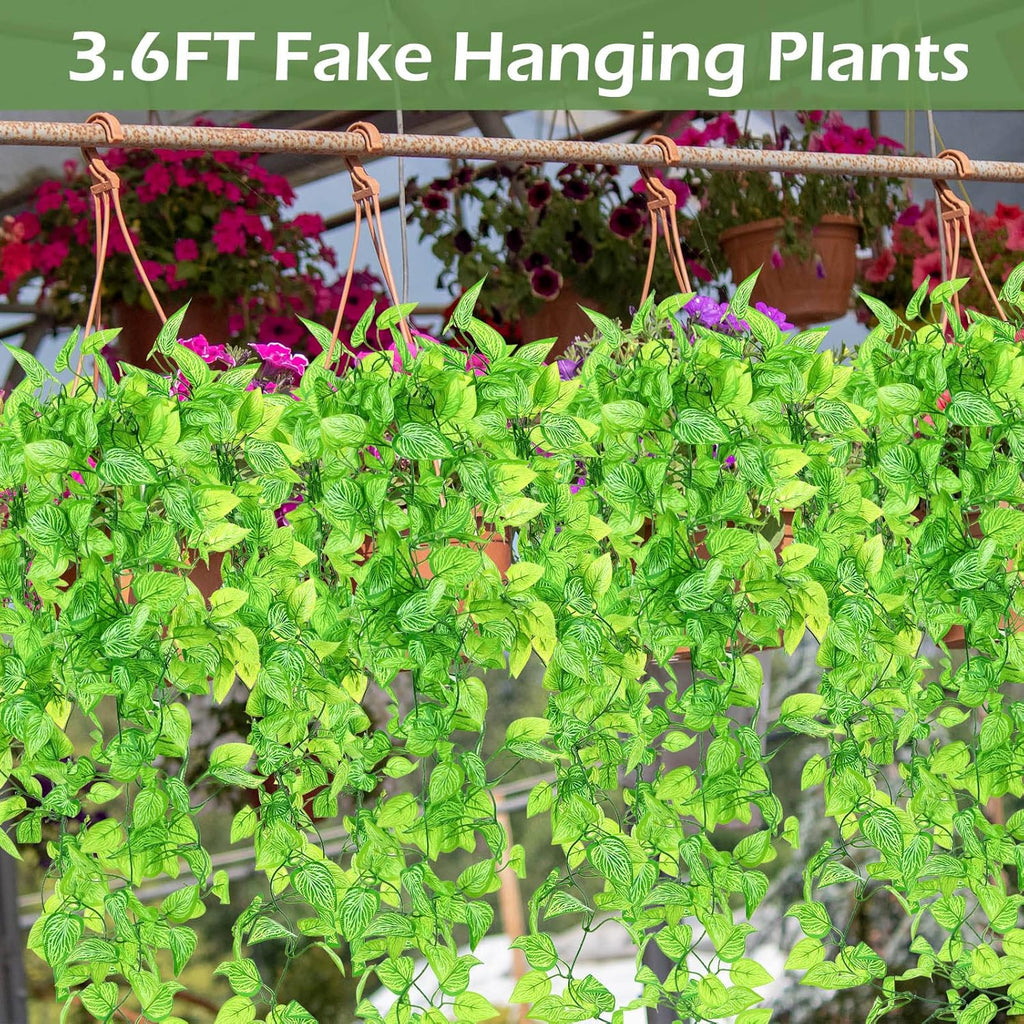 Hoteam 12 Pcs Artificial Hanging Plants 32 Inch Fake Ivy Vines with Fake Leaves Patio Artificial Plants Greenery for Living Room Indoor Outdoor Wall, No Basket (Marble Queen Pothos)