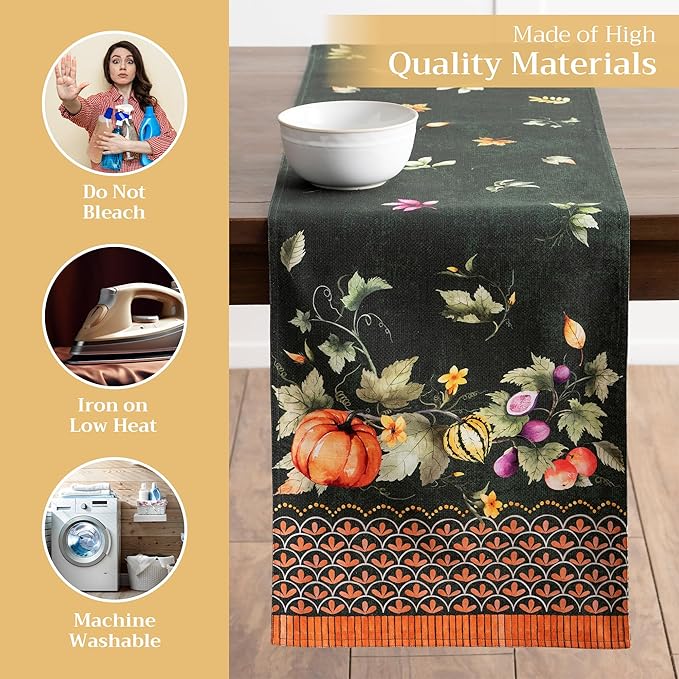 Maison d' Hermine Table runner 100% Cotton Double Layer Table Runners 72 inches long for Thanksgiving Christmas Decorations Home Kitchen Dining Party Wedding (Pumpkin Garden - Dark Green, 14.5" x 72")