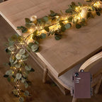Hairui Lighted Artificial Eucalyptus Garland 6FT 96 LED Battery Operated Faux Vine Lights with Timer for Spring Wedding Backdrop Wall Decor