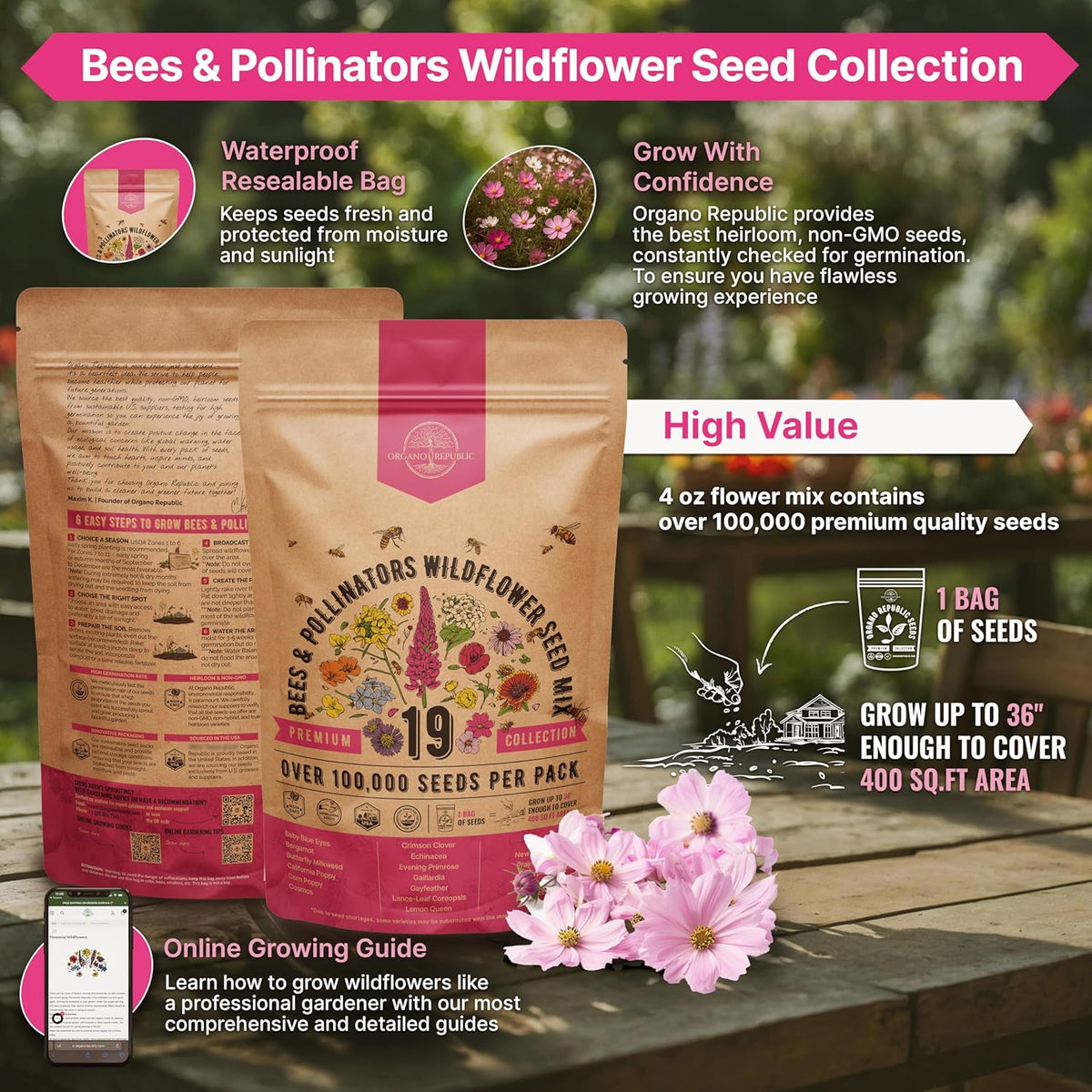 Organo Republic 19 Annual & Perennial Wildflower Seeds Mix for Indoor and Outdoors, Attract Bees & Butterflies. 100,000+ Non-GMO, Heirloom Wildflower Garden Seeds, 4oz Packet for Growing Wild Flowers
