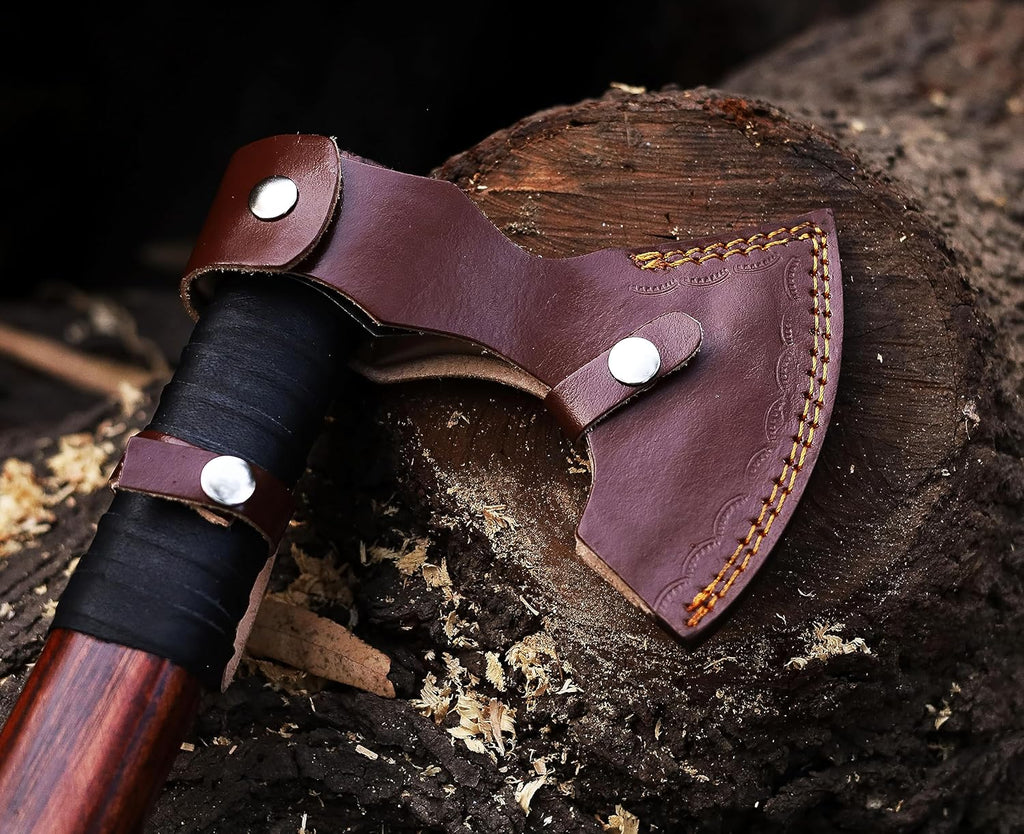 Viking Axe | 18" Carbon Steel Throwing Hatchet with Ash Wood Handle & Leather Sheath | Etched Norse Design, Functional & Collectible Gift(WCA-017)