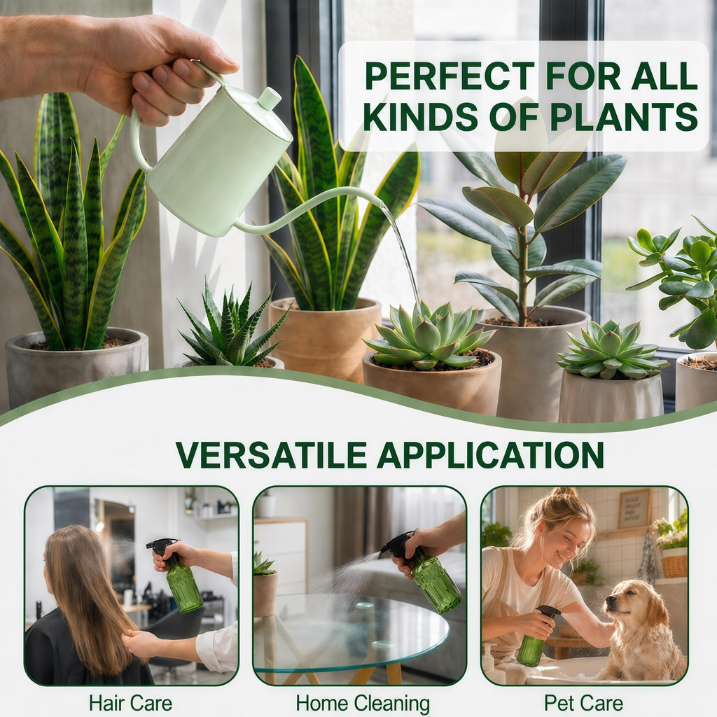Amzgo 2 Pack Small Watering Can for Indoor Plants, 20 oz Metal Plant Watering Can with Long Spout for House Plants, 13.5 oz Glass Plant Mister Spray Bottle for Bonsai Garden Flowers Decorative