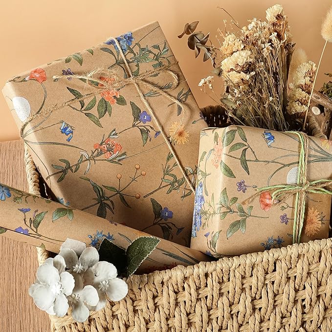 WRAPAHOLIC Kraft Floral Wrapping Paper Roll - Mini Roll - 17 Inch x 9.8 Feet - Wildflower Wrapping Paper Perfect for Girls Women Birthday, Wedding, Bridal Shower