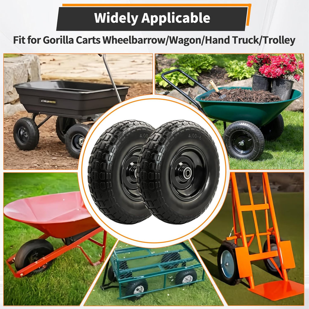 4PC 4.00-6 Flat-Free Tires and Wheels,13" Rubber Solid Tire, with 5/8" & 3/4" Bearing, 1.8"-5.8" Centered Hub Length, 4.00-6 tire and wheel Fit for Gorilla Cart, Garden Cart/Hand Truck/Wheelbarrow etc