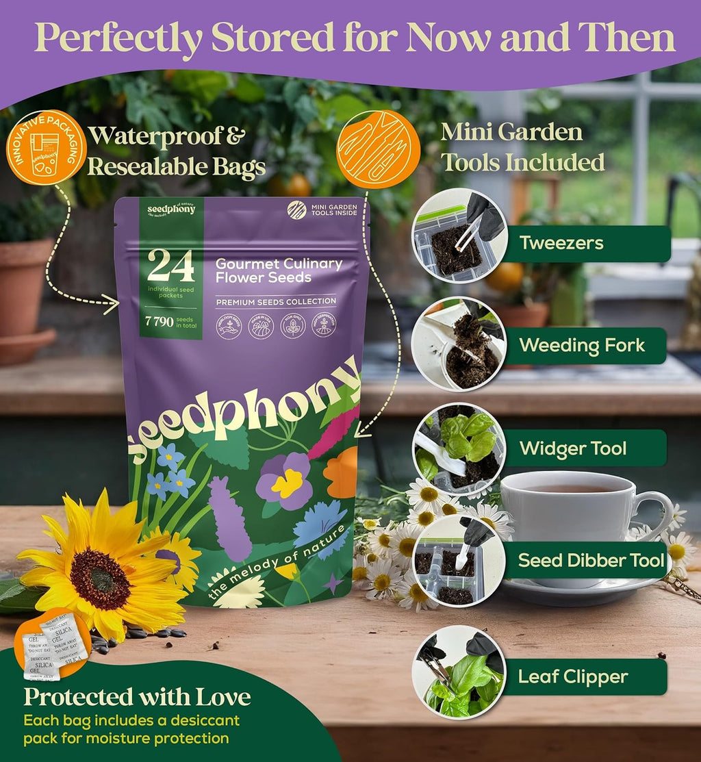 24 Gourmet Culinary Flower Seeds Variety Pack - 7,790+ Non-GMO Heirloom Flower Seeds for Planting Indoor & Outdoor Home Garden - Culinary Flowers Seed Packets for Planting Edible Flowers