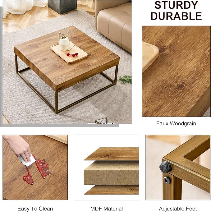 31.5'' Modern Square Coffee Table for Living Room, Metal Legs Large Coffee Table, Wooden Tea Table Top for Dining Room Office Small Space
