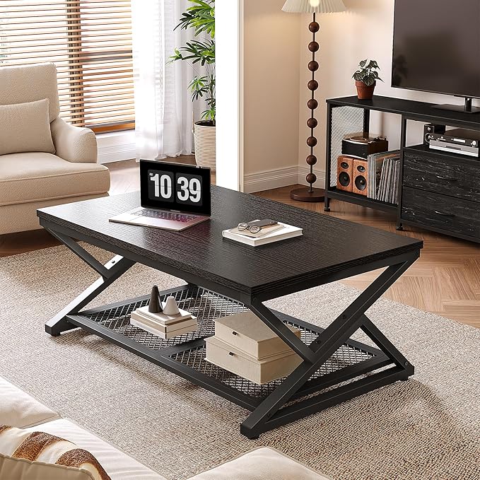 EnHomee Coffee Table with Storage, Modern Coffee Tables for Living Room with Mesh Shelf, 2 Tier Rectangular Center Table for Living Room, Bedroom, 39.4 Inch, Black Oak