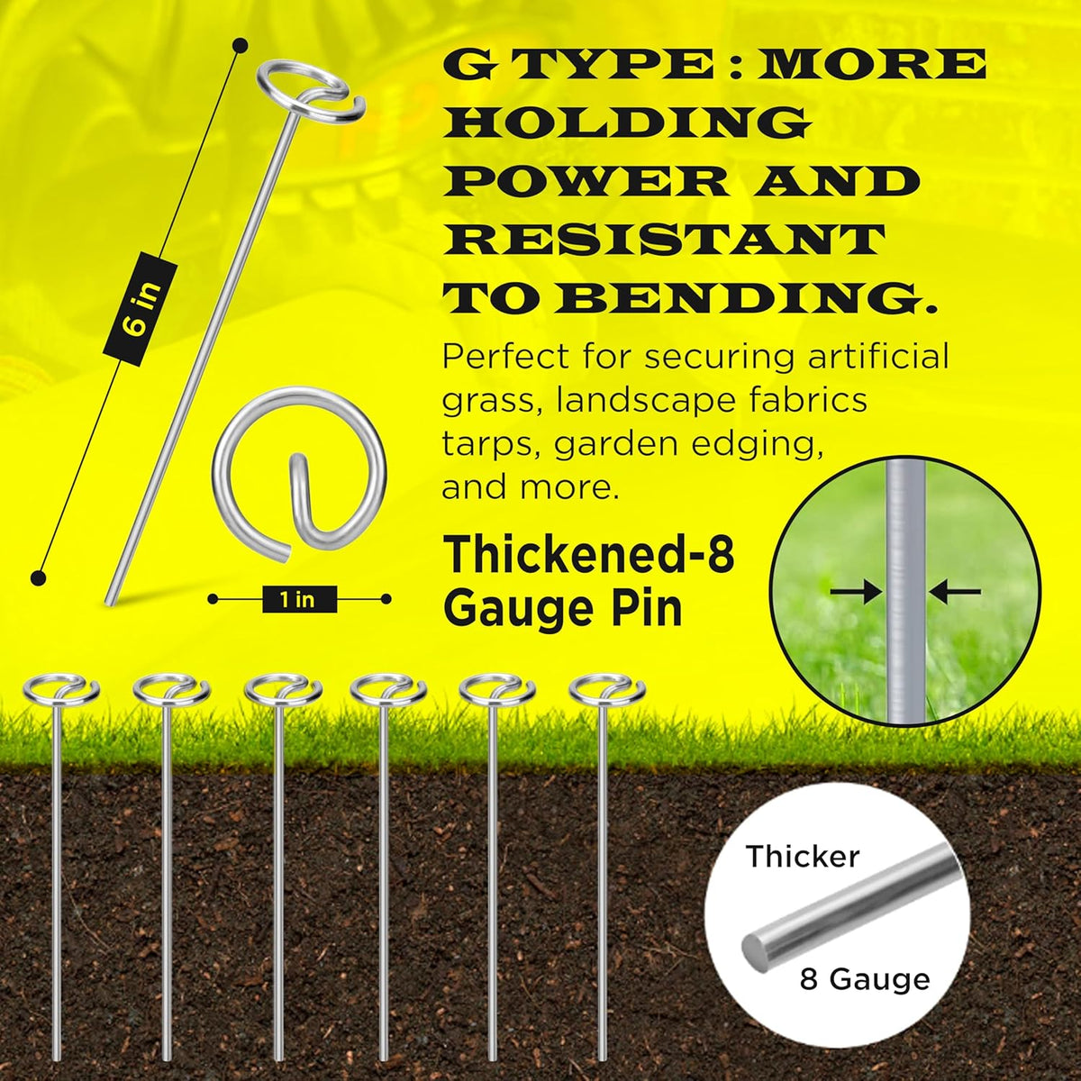 8 Gauge Circle Top Lanscape Pins - 45 Pack x 6 Inch Galvanised, Heavy Duty, Not Easy to Bend, Garden Stakes for Tarps, Lawn Turf, Weed Mats, More Holding Power (45 Pins)
