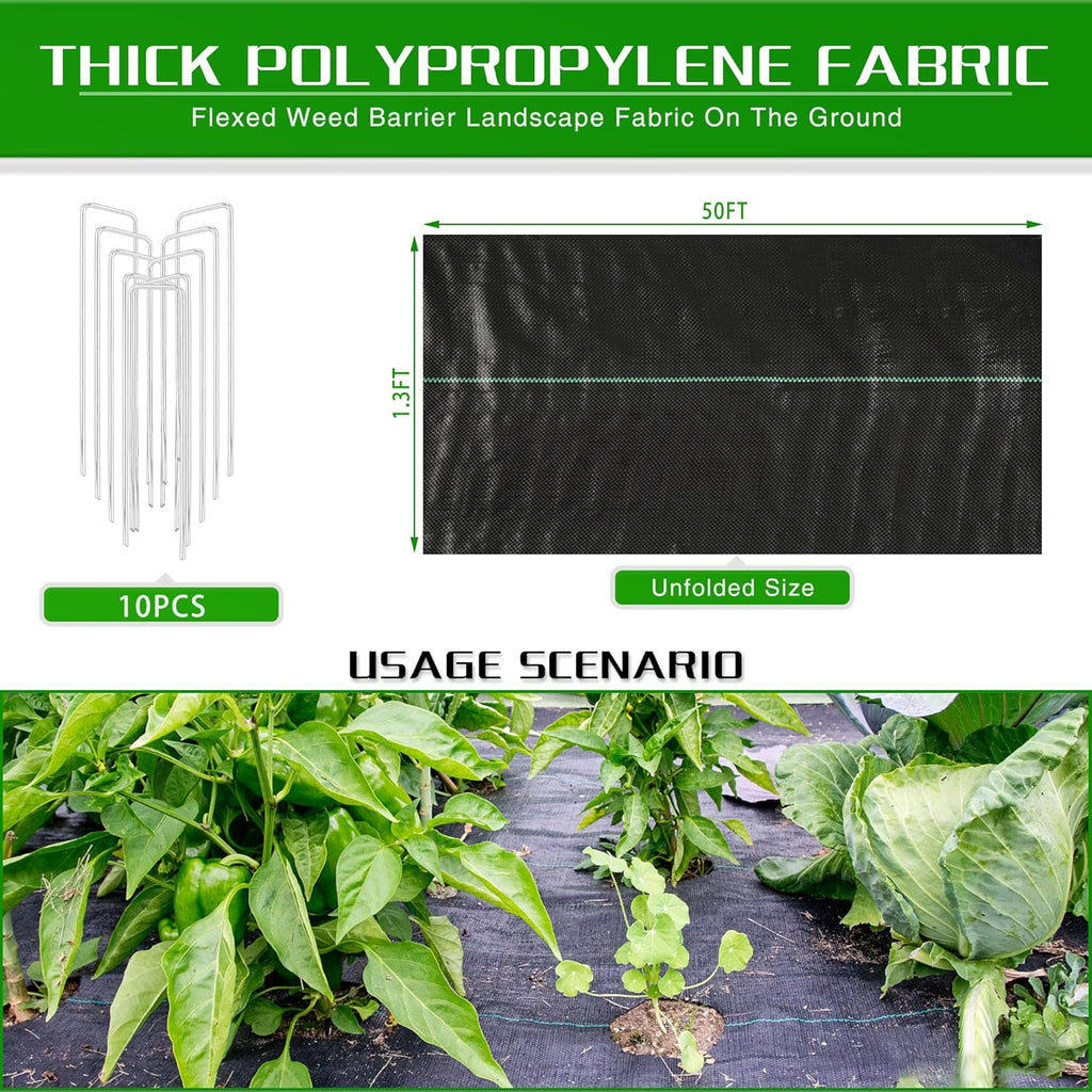 1.3FT x 50FT Weed Barrier Landscape Fabric Heavy Duty, 3.2oz Premium Gardening Weed Control Mat with 10 U-Shaped Securing Pegs, Ground Cover for Garden Beds, Farming, Underlayment, Commercial Driveway