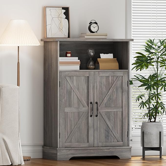 Smuxee Farmhouse Freestanding Cabinet Organizer with Barn Door and Adjustable Shelf, Wash Grey, for Bathroom, Kitchen, Living Room