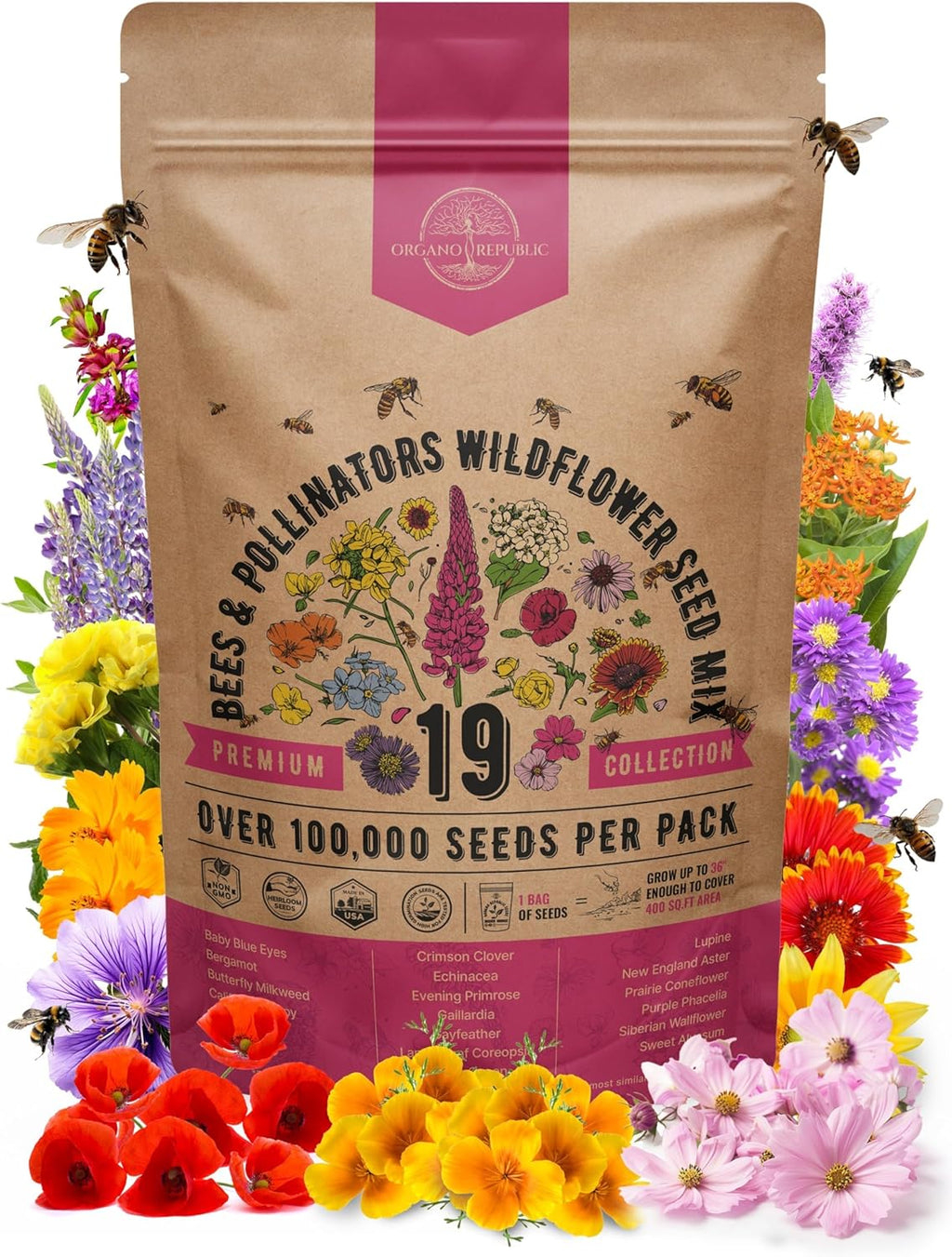 Organo Republic 19 Annual & Perennial Wildflower Seeds Mix for Indoor and Outdoors, Attract Bees & Butterflies. 100,000+ Non-GMO, Heirloom Wildflower Garden Seeds, 4oz Packet for Growing Wild Flowers