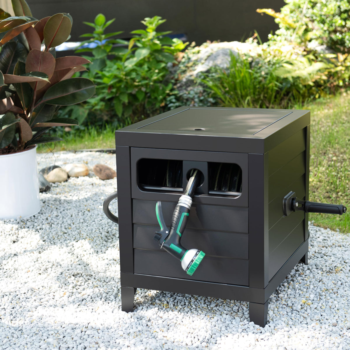 AQUAZILLA Metal Garden Hose Reel Deck box, Durable Steel Garden Hose Storage Box Cabinet, 150ft 5/8" Garden Hose Capacity. - Hose guide Manual Rewind, No-leak aluminum water connections