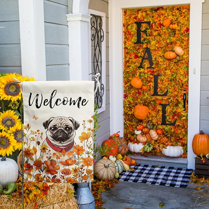 Floral Pug Garden Flag Fall Yard Flag Wildflower Dog Garden Flags Orange Autumn Lawn Flags Welcome Thanksgiving Outdoor Flags for Outside 12x18 Double Sided Small