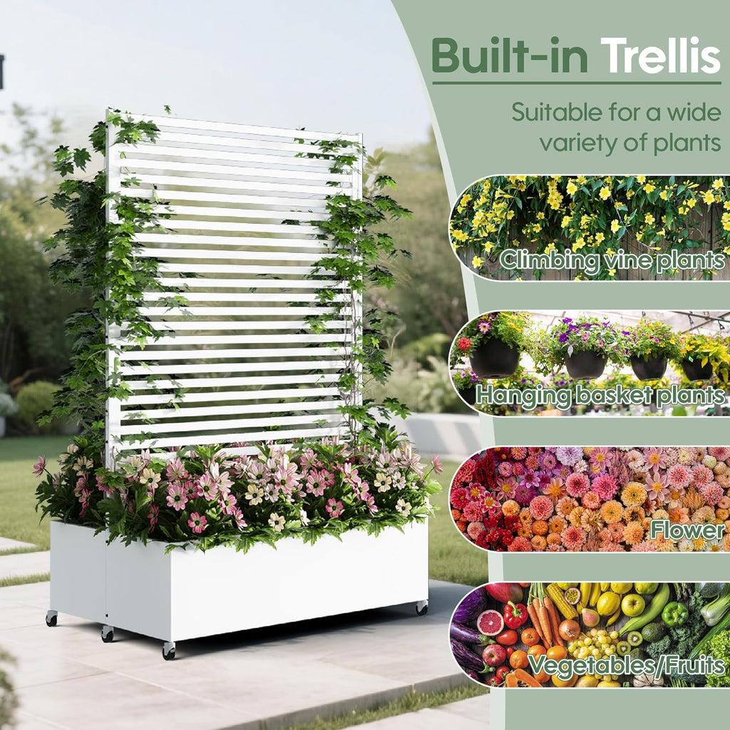 Double Metal Planter Box with Trellis Privacy Screen, Raised Garden Bed with Trellis & Wheels, Planter Box Outdoor with Drainage Holes for Climbing Plants, Vegetable, Vines,73"x 47"x 30", White
