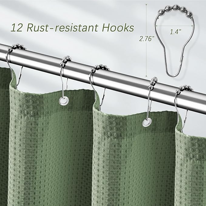 Waterproof Fabric Shower Curtain Extra Long Waffle Weave Heavy Duty Bathroom Shower Curtain Set, 256GSM Weighted Thick Shower Curtain with 12 Rust-Resistant Hooks,72Wx90H Sage Green