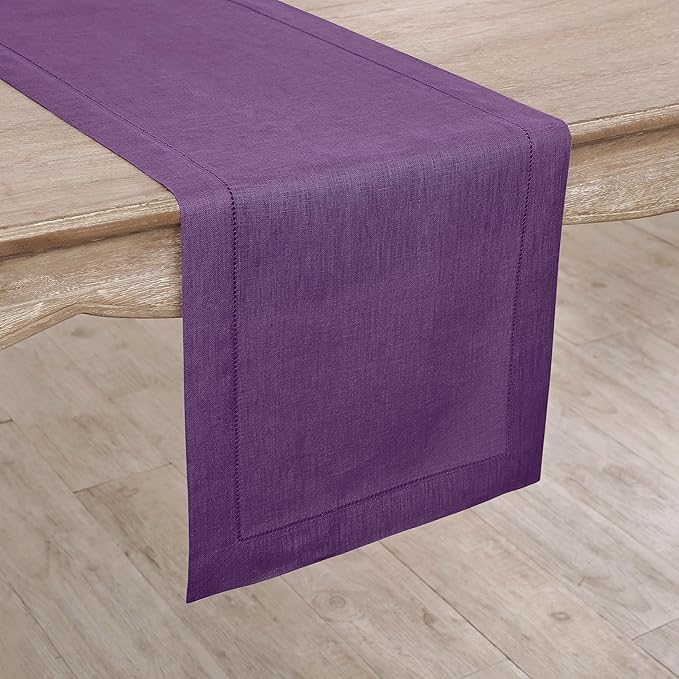 Solino Home Linen Purple Table Runner 36 Inches - Classic Hemstitch, 100% Pure Linen Coffee Table Runner 14 x 36 Inch Ideal for Dresser Tables - Fall, Autumn, Halloween, Thanksgiving, Holiday
