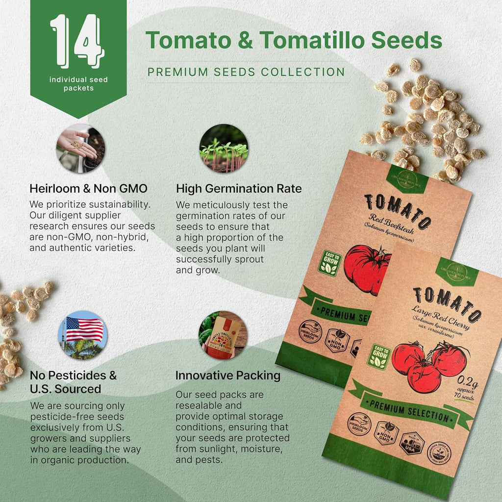 Organo Republic 14 Rare Tomato & Tomatillo Garden Seeds Variety Pack - 1,020+ Non-GMO Heirloom Tomato & Tomatillo Seeds for Outdoors & Indoor Home Gardening
