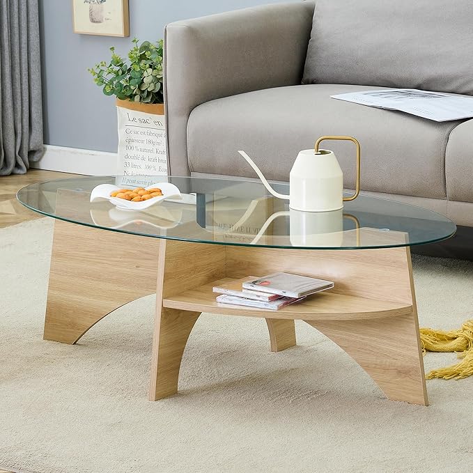 41" Oval Glass Coffee Table with Tempered Glass Top and MDF Base, Diagonal Fan-Shaped Tray Design Table Leg Simple & Modern Center Table for Living Room Office Apartment Wood
